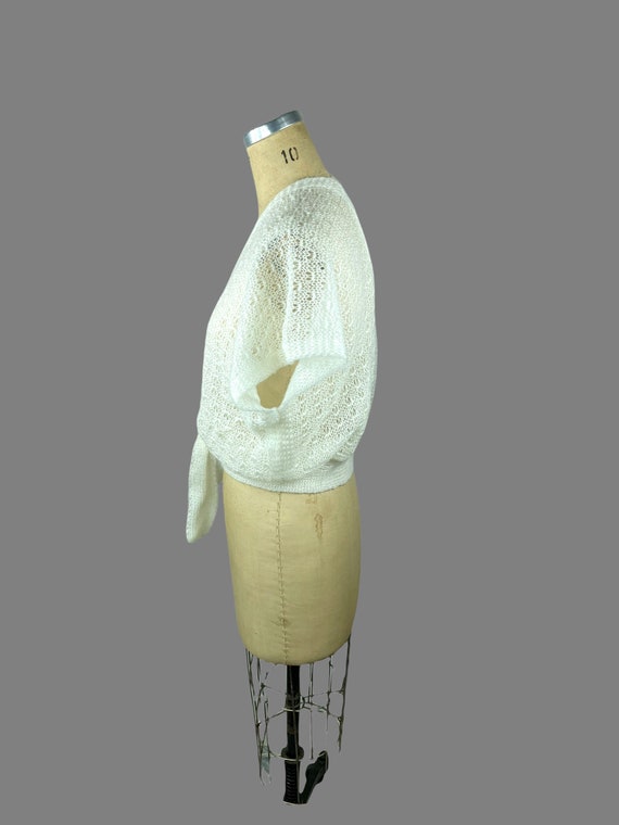 White shrug sweater open weave acrylic mohair wra… - image 2