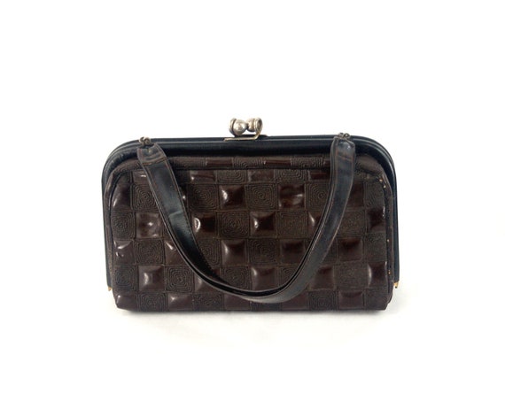 1960s handbag texturized checkered brown vinyl fa… - image 1