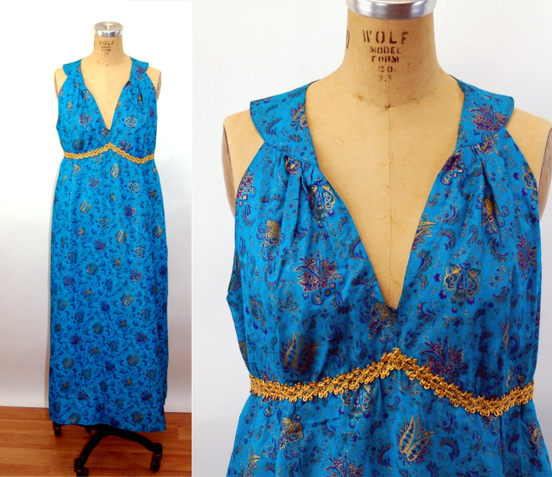 1970s Egyptian Dress Turquoise Polished Cotton Metallic Gold - Etsy