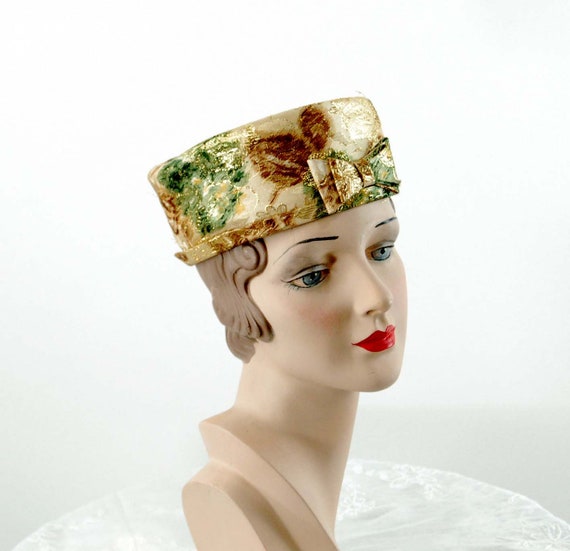 1960s pill box hat brocade gold green metallic ha… - image 1