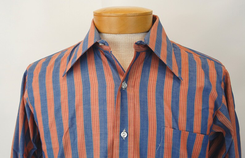 1970s men's shirt striped shirt blue orange Golden Vee New | Etsy