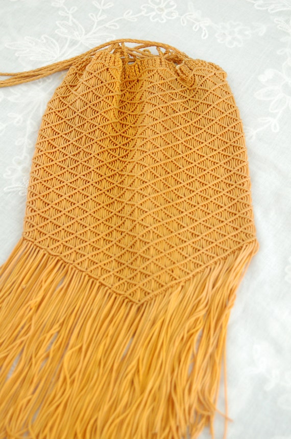 1970s macrame bag pouch bag with fringe orange go… - image 8