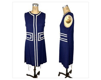 1960s blue linen shift dress with mod geo striping Size M