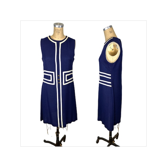 1960s blue linen shift dress with mod geo stripin… - image 1