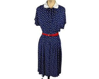 1940s cold rayon dress navy blue polka dot with tie at neck Size L