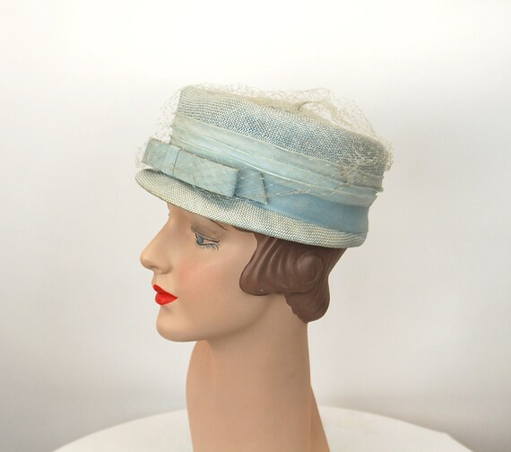 1960s Straw Hat Baby Blue Pillbox Hat With Veil and Bow by Mr. Etsy UK