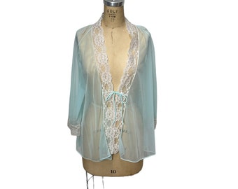 1960s blue nylon chiffon bed jacket robe with lace trim Size S/M