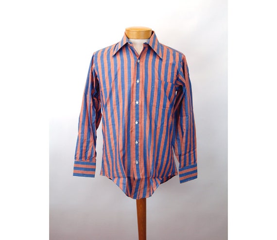 1970s men's shirt striped shirt blue orange Golden Vee New | Etsy