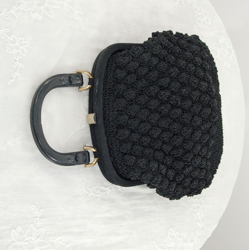 1950s black crocheted handbag by Ritter framed purse plastic faux buckled handle image 3