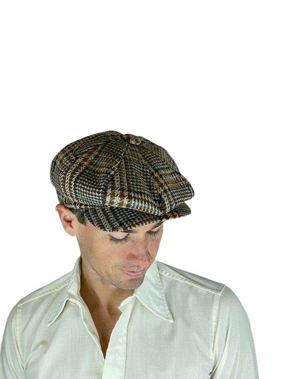 1960s 70s plaid tweed newsboy cap in brown and bl… - image 4