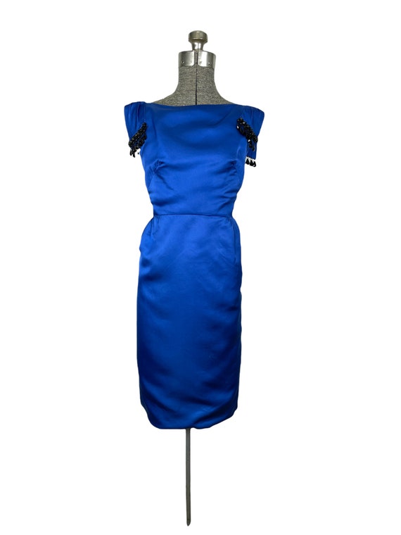 1960s blue silk satin cocktail dress with beaded … - image 2