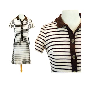 1960s dress, Leslie Fay dress, knit dress, mini dress, striped dress, brown white, Size S