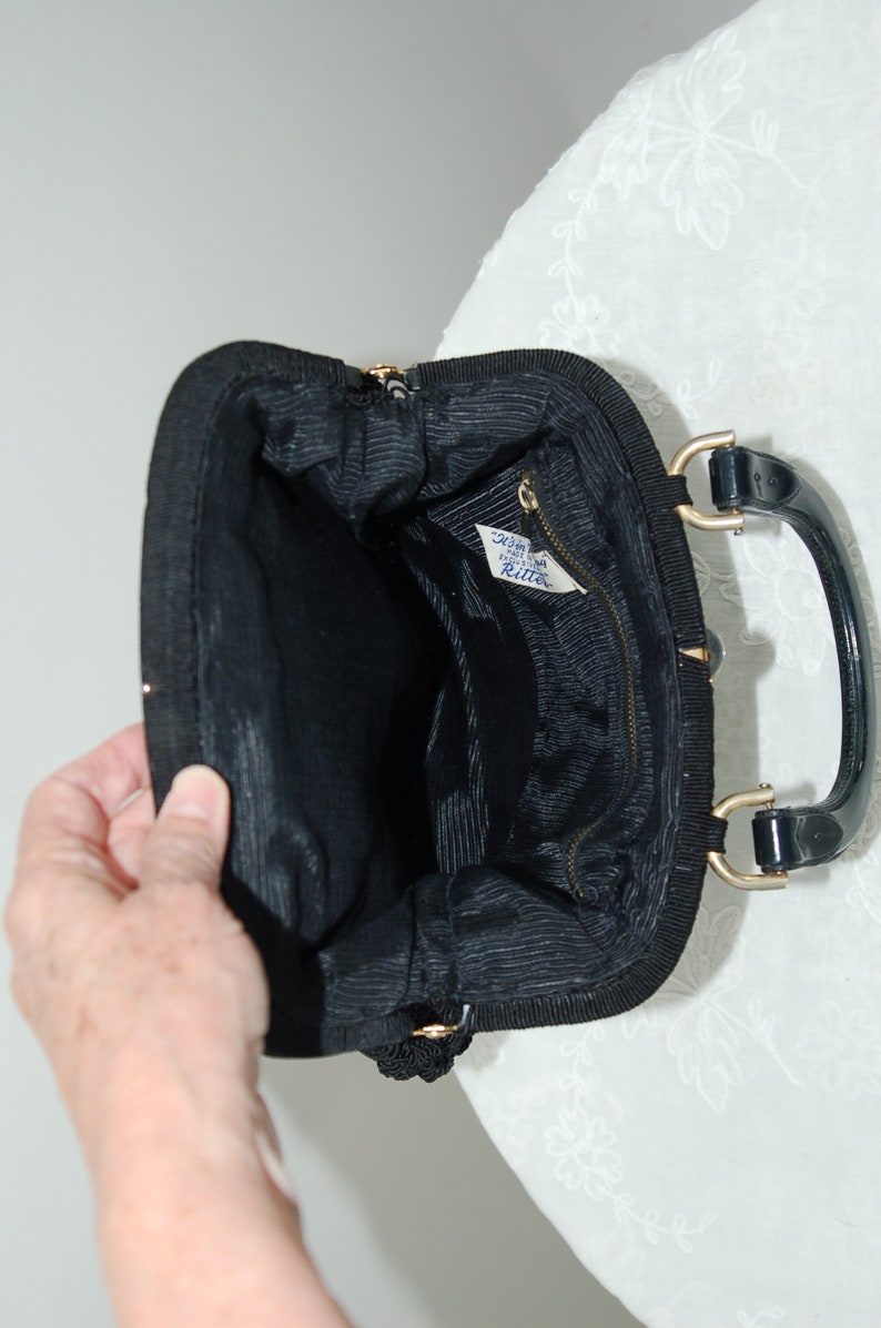 1950s black crocheted handbag by Ritter framed purse plastic faux buckled handle image 6