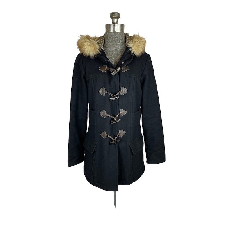 Black Wool Pea Coat With Hood and Wood Buttons Size S/M Etsy