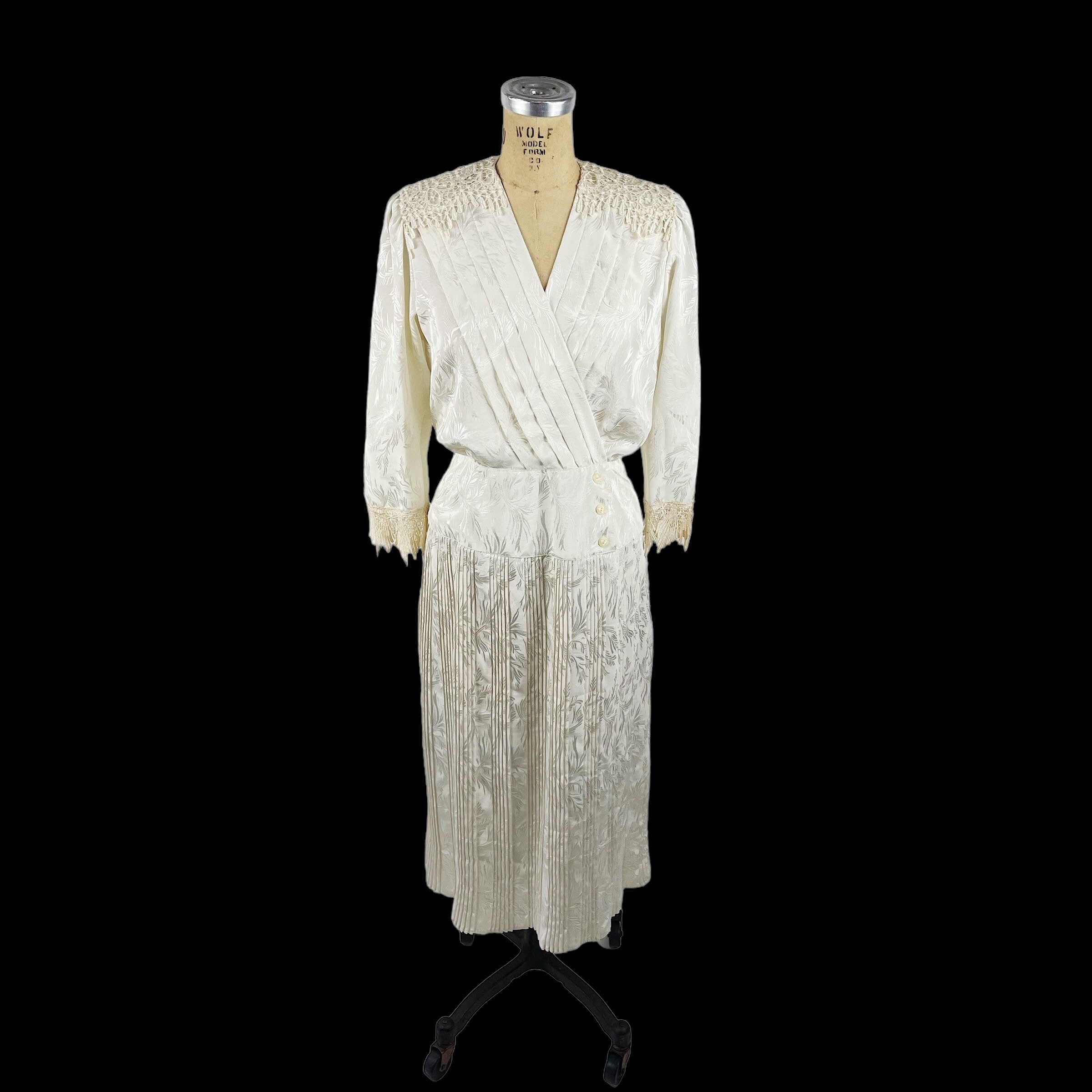 1980s Jacquard Dress With Crocheted Lace Drop Waist Pleated