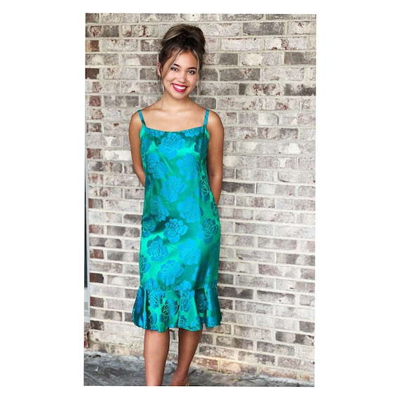 green emerald velvet dress Freesia Satin Slip Dress-Green Floral L main image 1