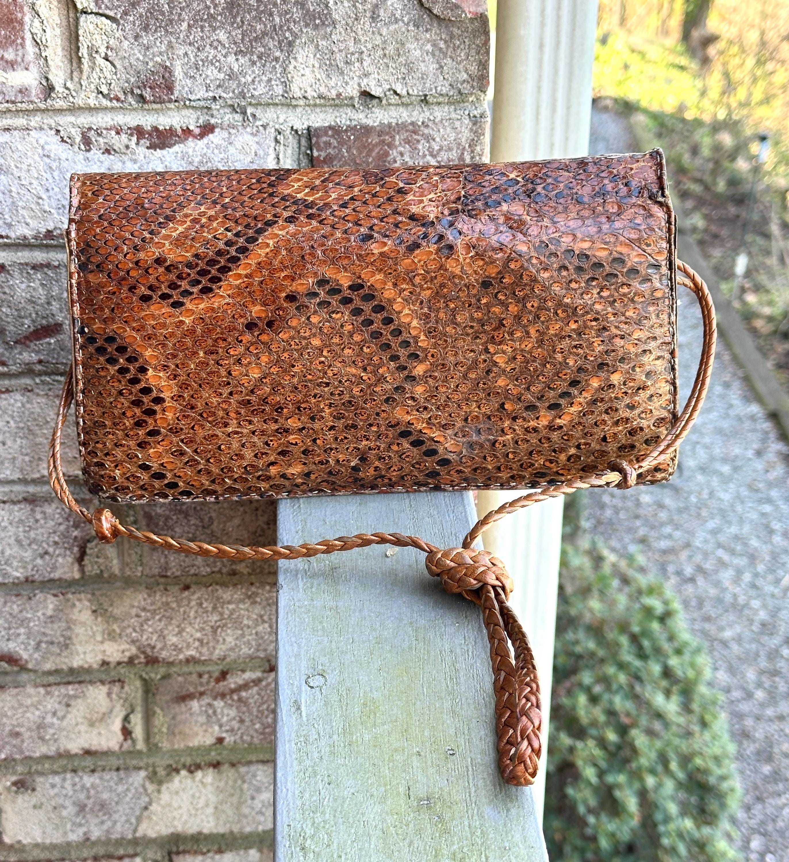 Vintage genuine leather snake skin with rust take a gold hardware Genuine python leather, real snake leather color rusty  main image 4