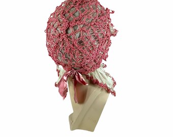 Accessories Hats & Caps Bucket Hats 1920s boudoir cap sleeping hat pink crocheted with ribbon and netting 