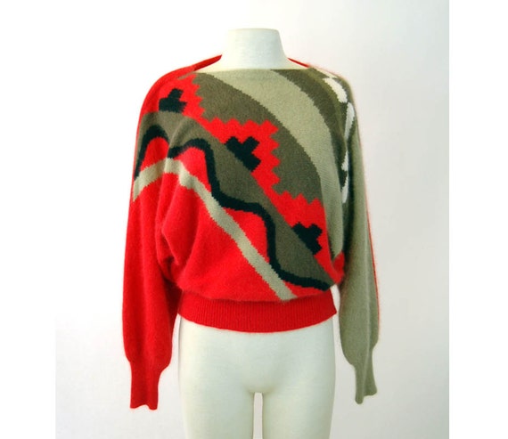 1980s angora sweater geometric tribal red gray bl… - image 4