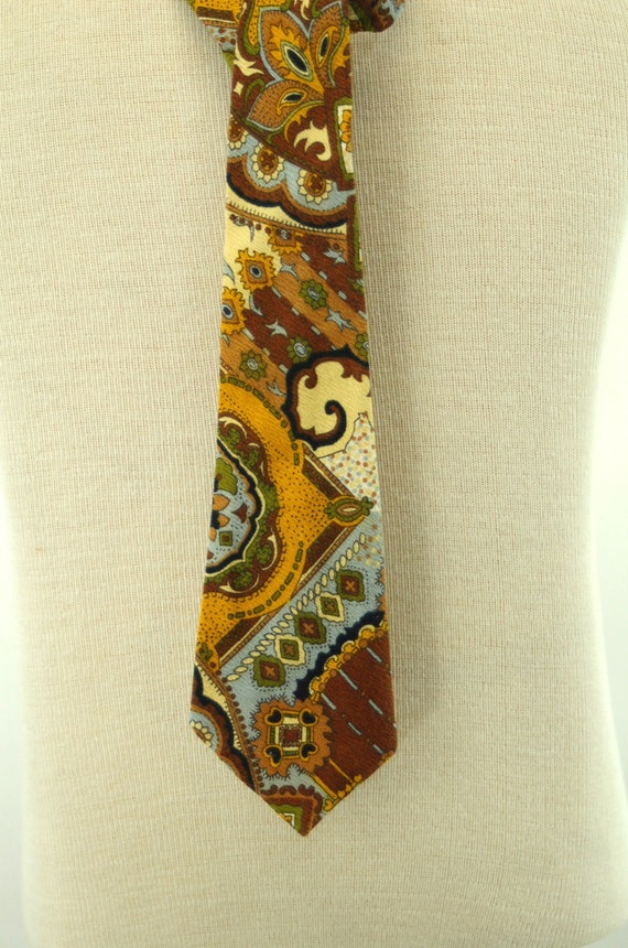 1970s paisley tie brown gold bark cloth necktie wide … - Gem