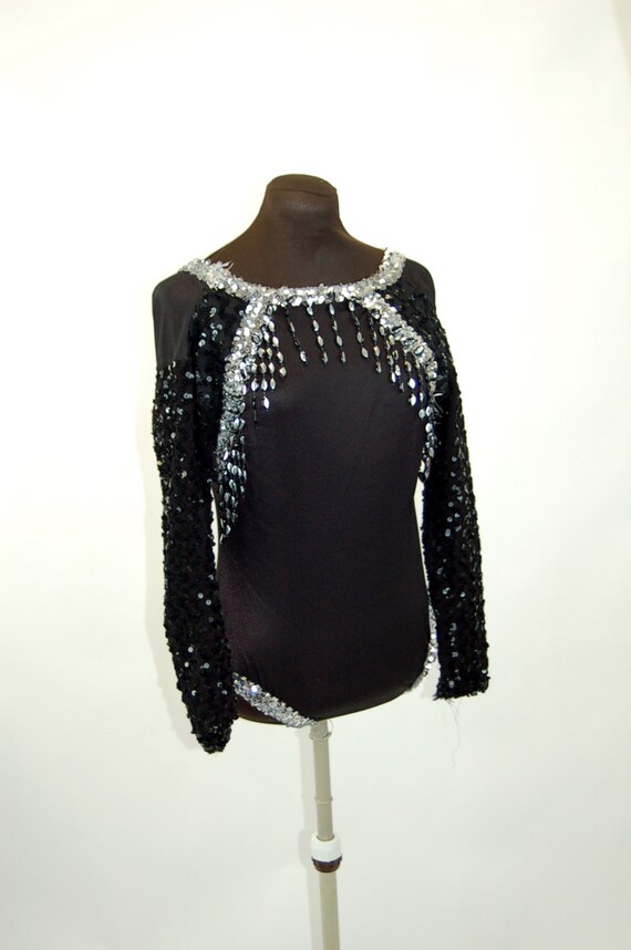 1980s dance costume leotard black silver sequin b… - image 5