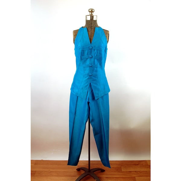 1990s pant suit Linda Segal turquoise two piece set vest and pants Size 6 Size S