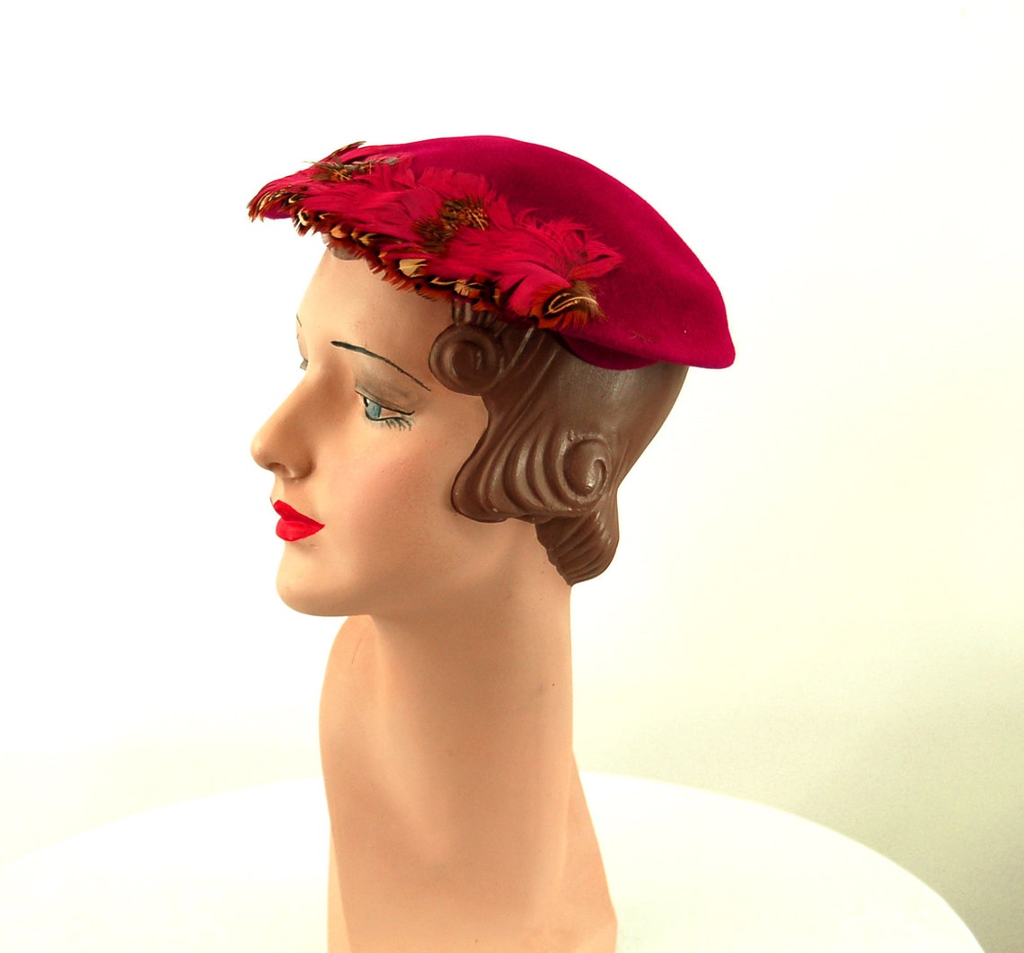 00s 50s-style Hat With Veil Fuchsia Floral Berries By Laura Hubka