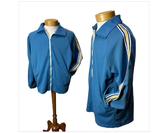 1970s athletic jacket blue with yellow striping zip front knit UNISEX. Size Mens L Womens XL