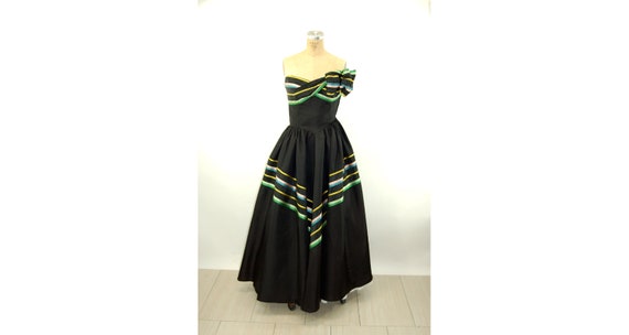 1940s gown black silk strapless dress with chevro… - image 2