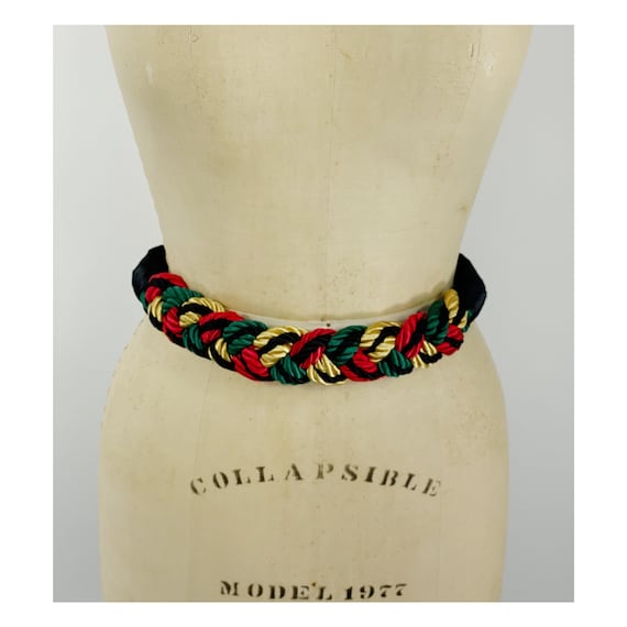 1980s braided belt red gold green cinch belt adju… - image 2