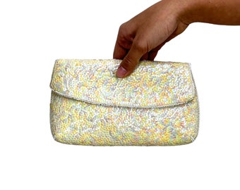 1950s sequin beaded evening bag clutch purse ivory iridescent