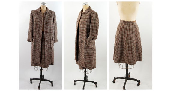 1960s tweed suit coat and skirt set brown red plai