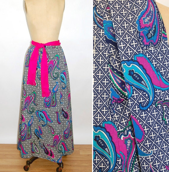 1960s paisley skirt maxi skirt long skirt blue pi… - image 1