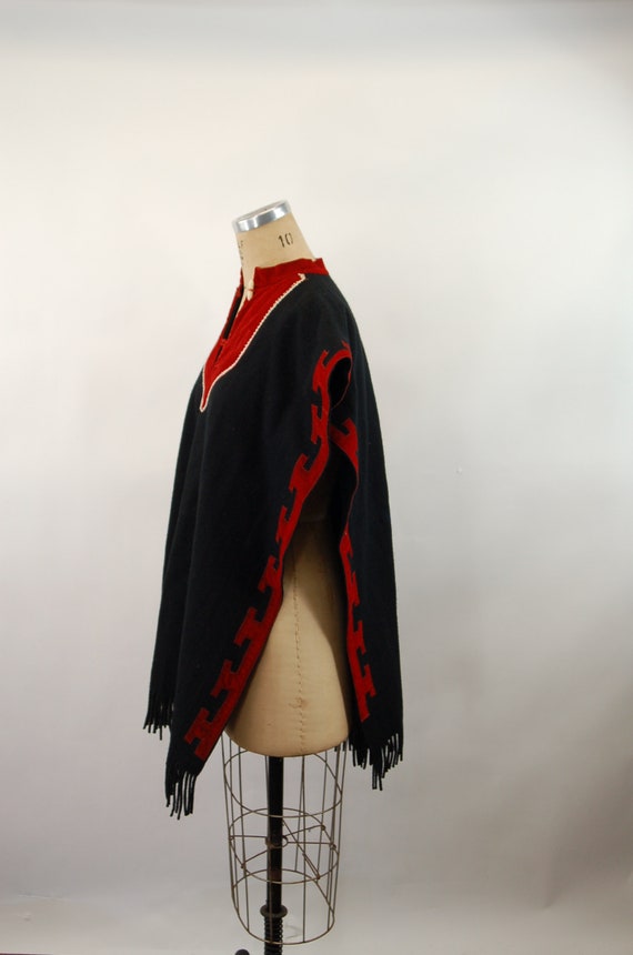 Mayan poncho black red wool Guatamalan coat wrap … - image 3