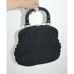 1950s black crocheted handbag by Ritter framed purse plastic faux buckled handle image 2