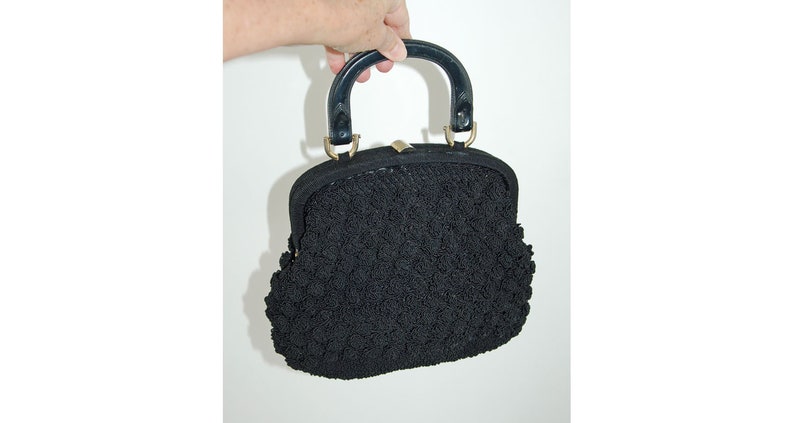 1950s black crocheted handbag by Ritter framed purse plastic faux buckled handle image 2