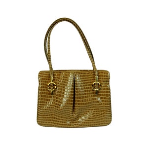 1960s purse faux snakeskin lizard skin tan with gold hardware swivel mirror Lou Taylor VEGAN waterproof bag image 1