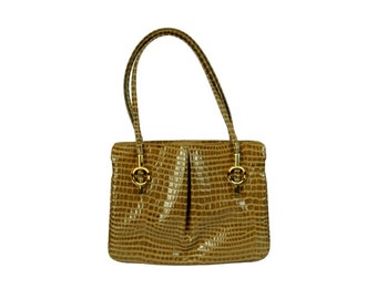 1960s purse faux snakeskin lizard skin tan with gold hardware swivel mirror Lou Taylor VEGAN waterproof bag