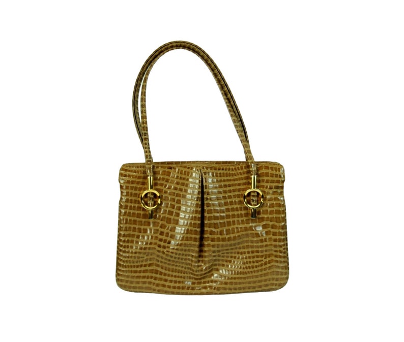 1960s purse faux snakeskin lizard skin tan with gold hardware swivel mirror Lou Taylor VEGAN waterproof bag image 1