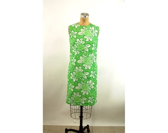 1960s shift dress green floral leaves polka dot Size M