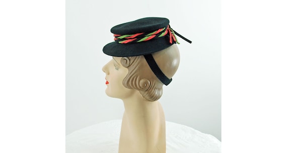1940s tilt hat doll hat black wool felt with green