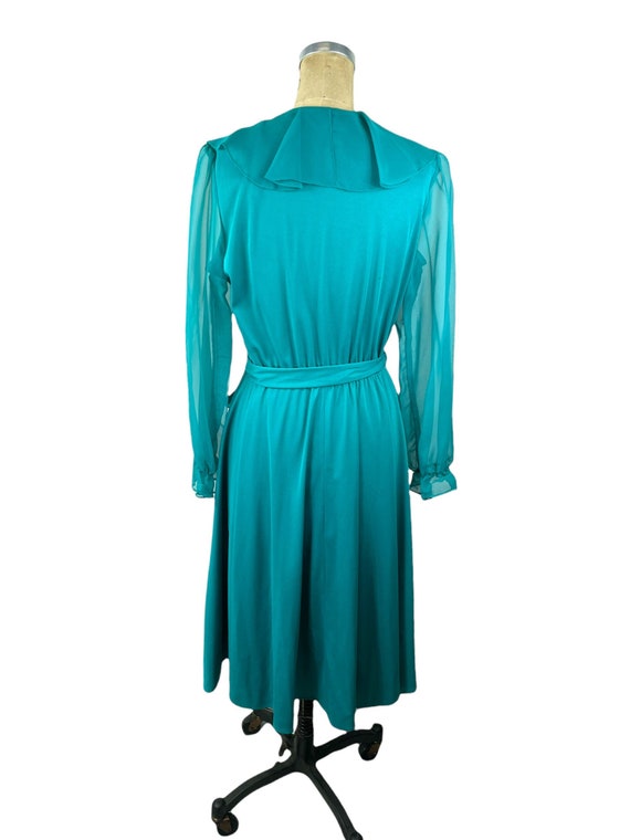 1970s teal dress sheer sleeves and ruffled collar… - image 5