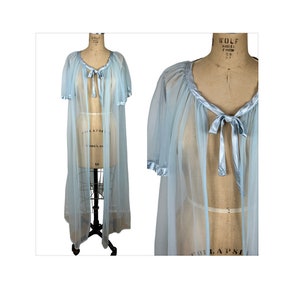 1960s sheer blue robe with satin trim and bell sleeves Size M/L. VFG