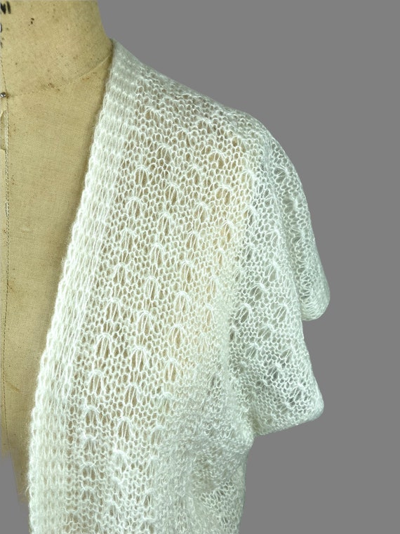 White shrug sweater open weave acrylic mohair wra… - image 3