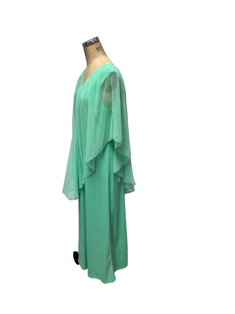 1970s mint green formal maxi gown with sheer cape Plus Size image 6