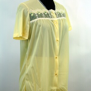 1960s pajamas yellow nylon sleepwear by Kayser with sheer chiffon bodice and embroidered rosebuds Size S image 6
