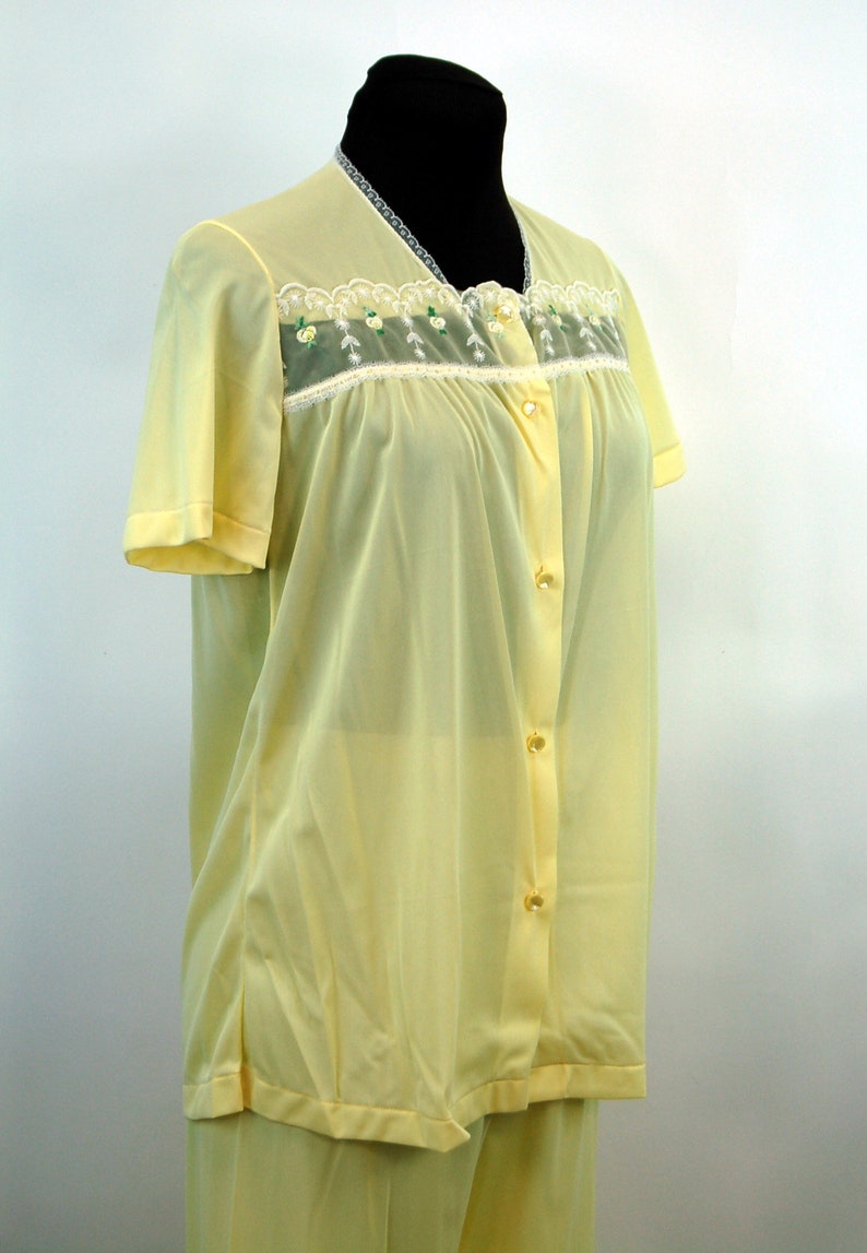 1960s pajamas yellow nylon sleepwear by Kayser with sheer chiffon bodice and embroidered rosebuds Size S image 6