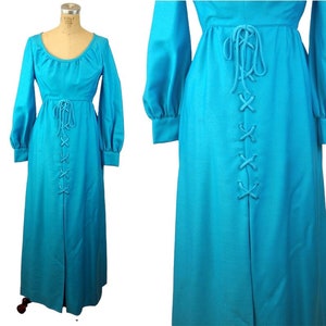 1960s maxi dress Emma Domb turquoise blue peasant dress lace up skirt empire waist Size M/L