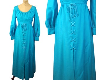 1960s maxi dress Emma Domb turquoise blue peasant dress lace up skirt empire waist Size M/L