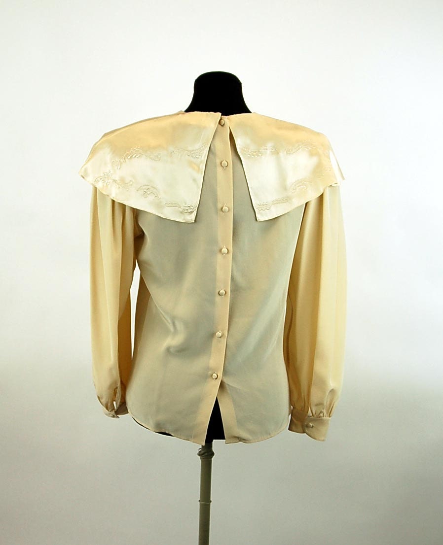 1980s Blouse Silk Satin Lace Collar Back Button Cape Collar | Etsy
